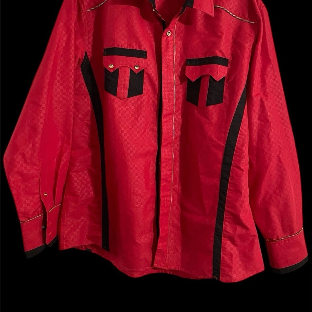 Men’s Size 2XL El General Shirt Red & Black Gold Buttons Zipper Trim Long Sleeve